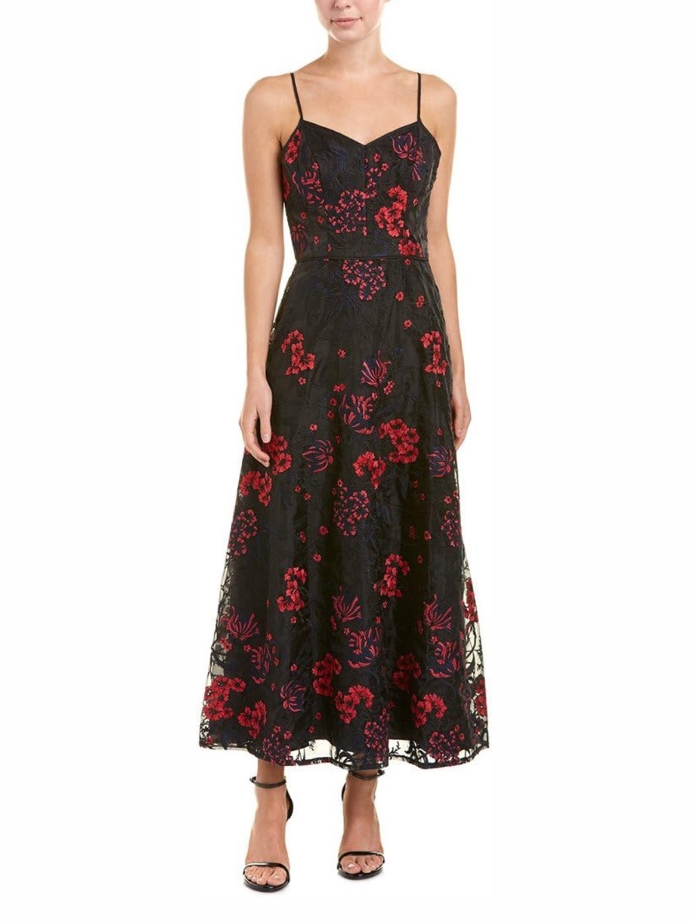 Monique Lhuillier Black Midi Dress with Floral Appliqué